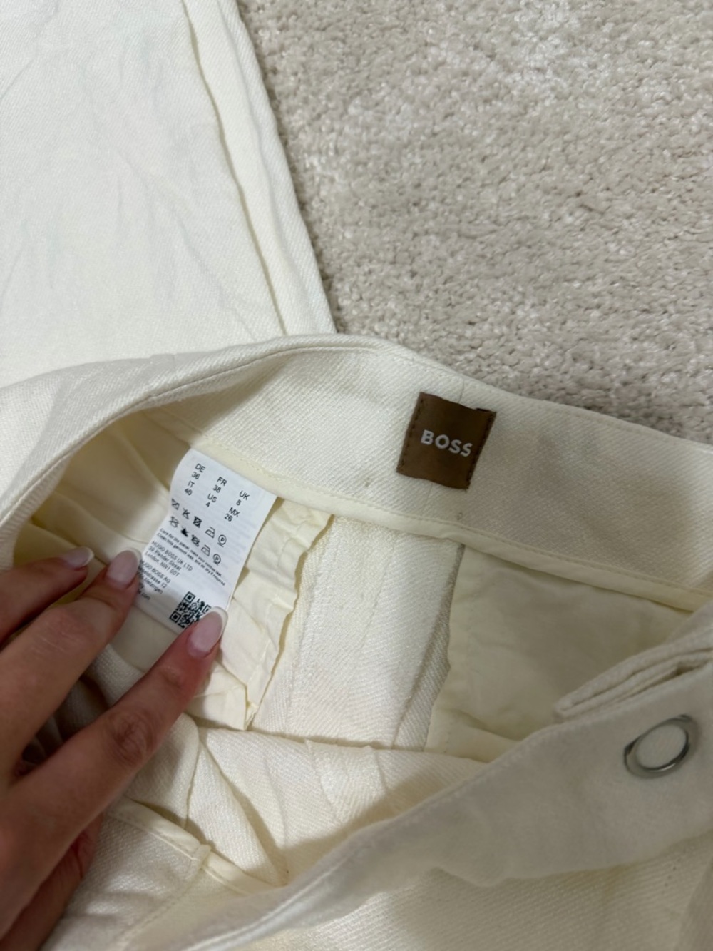 BOSS Cream Wide-Leg Trousers with Leather Logo Tab